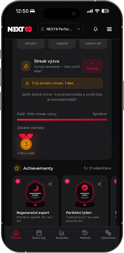 Aplikace NEXT8 — odznaky, streak výzva a Achievementy